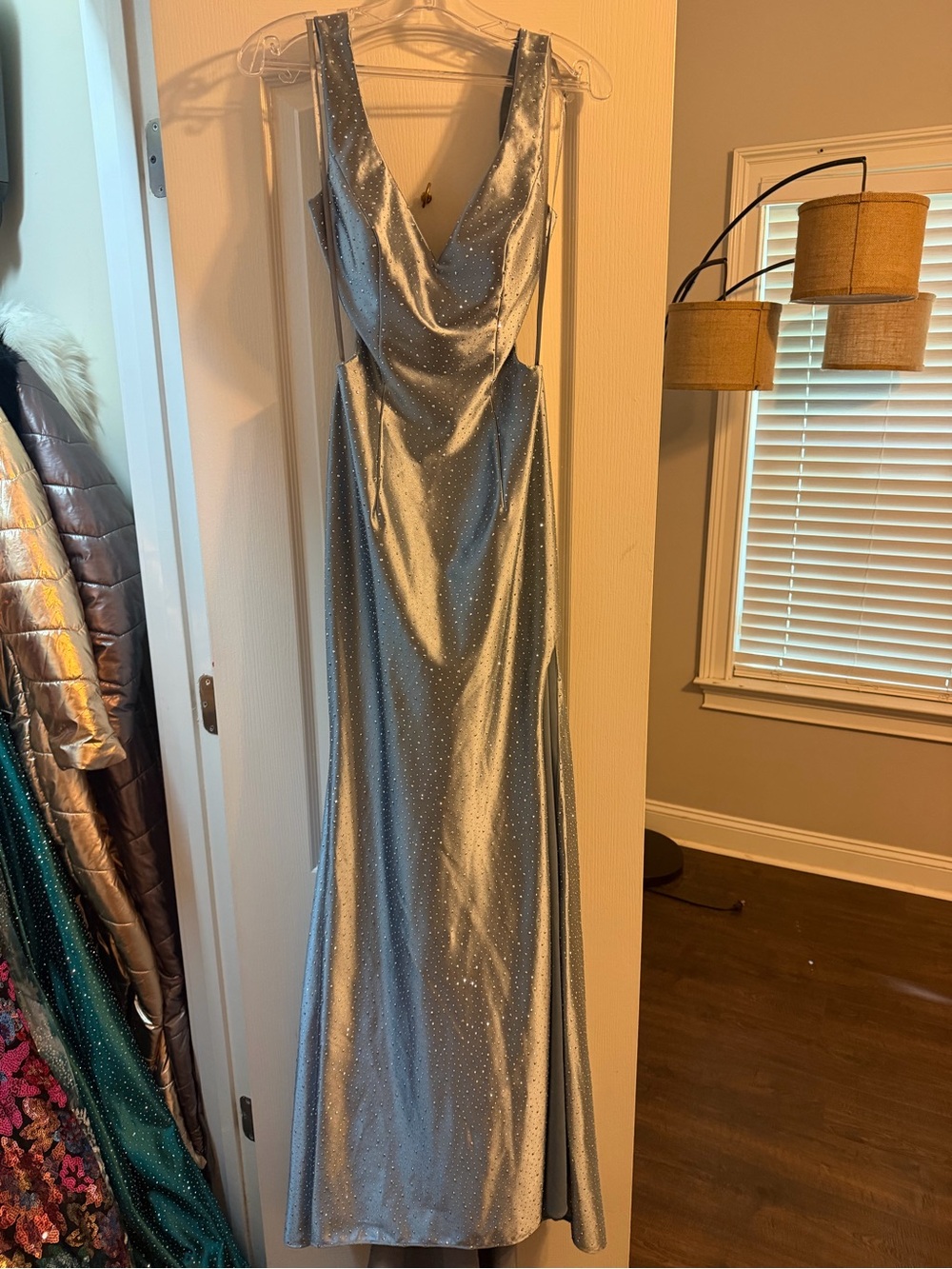Johnathan Kayne Silver-Sequin Cowl Neck Prom Gown